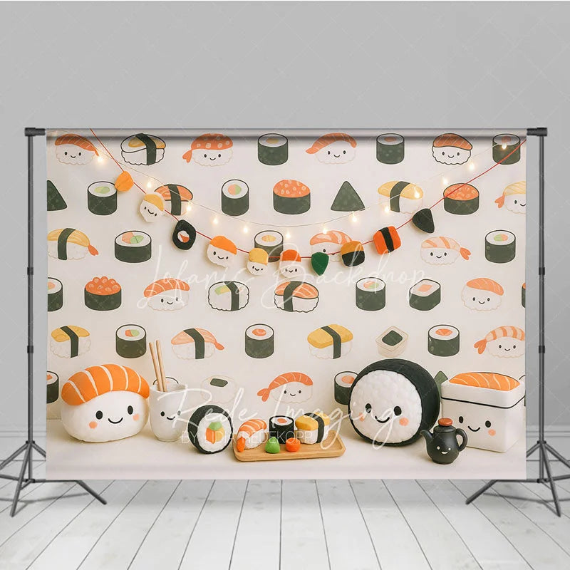 Lofaris Cute Kawaii Sushi Pattern and Plush Toy Photo Backdrop Japanese Food Birthday Photography Background