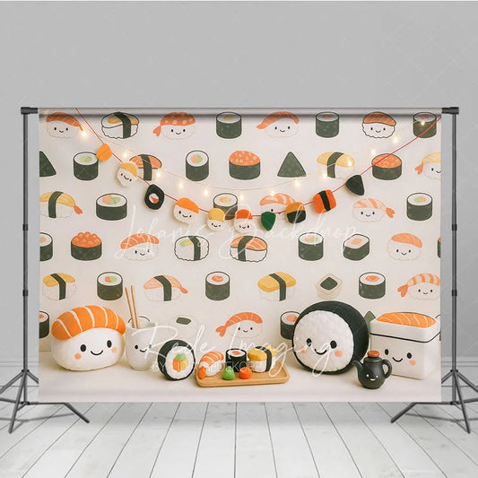 Lofaris Cute Kawaii Sushi Pattern and Plush Toy Photo Backdrop Japanese Food Birthday Photography Background