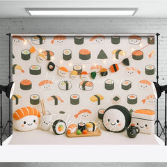 Lofaris Cute Kawaii Sushi Pattern and Plush Toy Photo Backdrop Japanese Food Birthday Photography Background