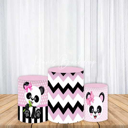 Lofaris Cute Pink and Black Panda Baby Shower Birthday Cylinder Cover Polka Dot Stripe Chevron Design for Party Decor