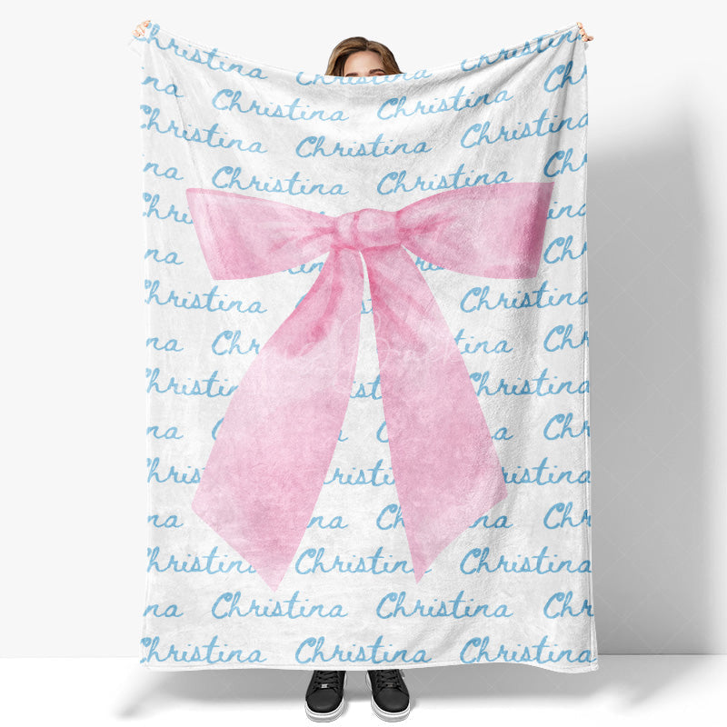 Lofaris Cute Pink Bow Tie White Blue Custom Name Blanket