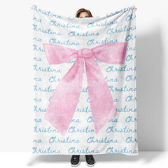 Lofaris Cute Pink Bow Tie White Blue Custom Name Blanket