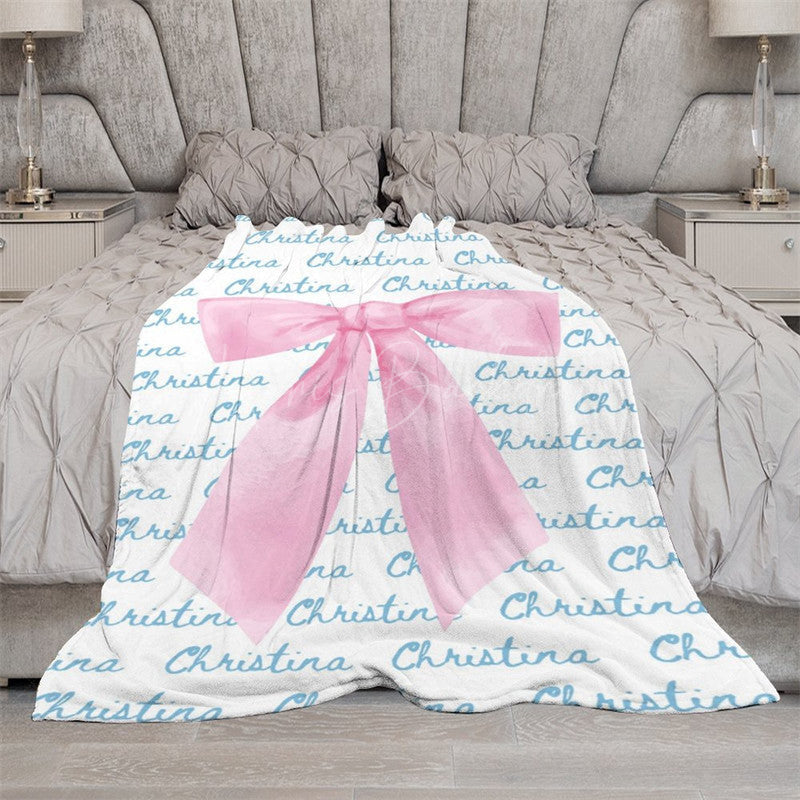 Lofaris Cute Pink Bow Tie White Blue Custom Name Blanket