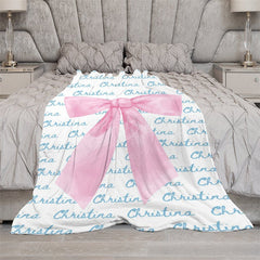 Lofaris Cute Pink Bow Tie White Blue Custom Name Blanket
