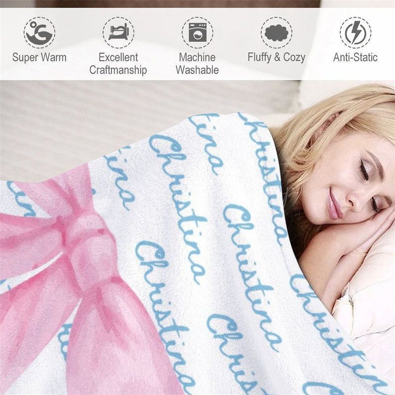 Lofaris Cute Pink Bow Tie White Blue Custom Name Blanket