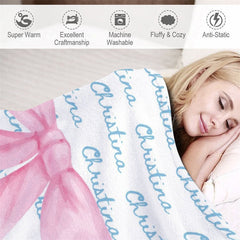 Lofaris Cute Pink Bow Tie White Blue Custom Name Blanket
