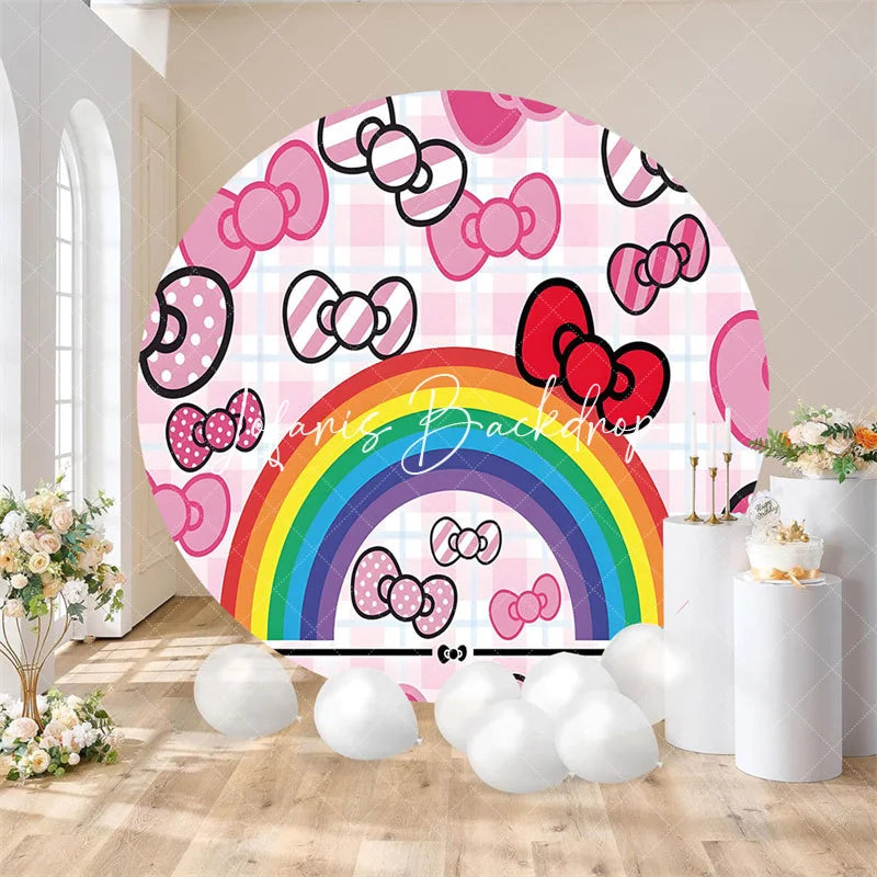 Lofaris Cute Pink Bows and Rainbow Round Backdrop for Kids Birthday Party Girls Celebration Photo Background Decor with Plaid Pattern