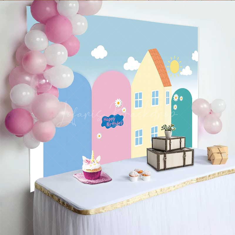 Lofaris Cute Pink Pig Cartoon Birthday Backdrop Kids Playhouse and Sunshine Party Banner Fun Animated Theme Photo Prop