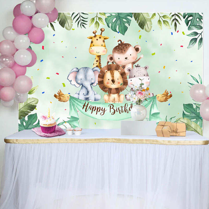 Lofaris Cute Safari Animals Greenery Happy Birthday Backdrop