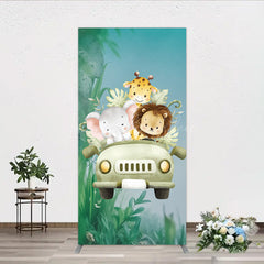 Lofaris Cute Safari Animals Rectangle Backdrop Jungle Lion Elephant and Giraffe Wild One First Birthday Party Photo Prop