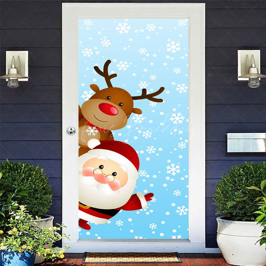 Lofaris Cute Santa Claus Elk Blue Snowy Christmas Door Cover