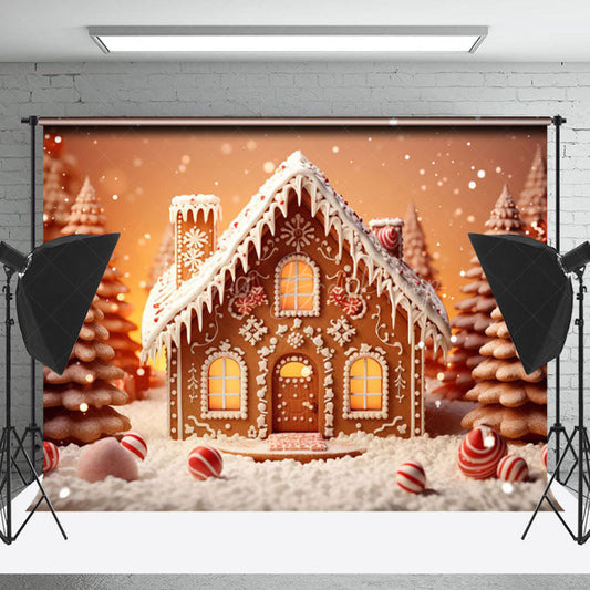 Lofaris Cute Snow Gingerbread House Tree Christmas Backdrop