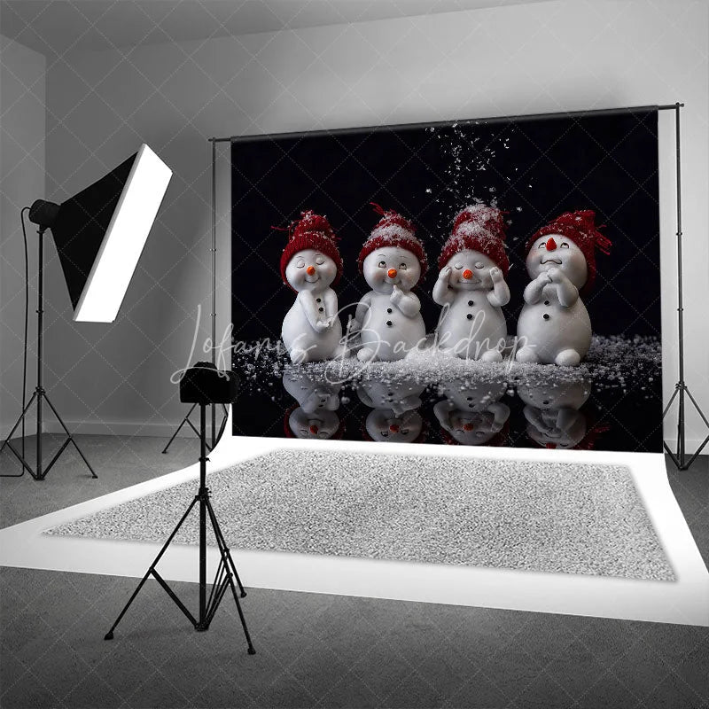 Lofaris Cute Snowmen Christmas Backdrop Four Snowman Figures with Red Hats Falling Snow Winter Photo Background