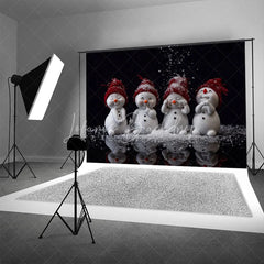 Lofaris Cute Snowmen Christmas Backdrop Four Snowman Figures with Red Hats Falling Snow Winter Photo Background