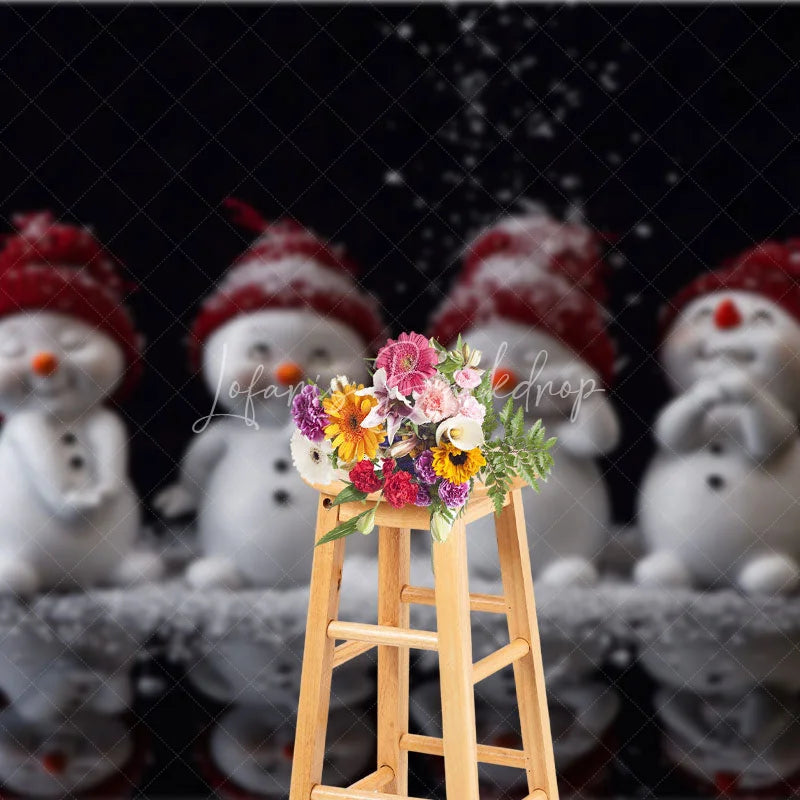 Lofaris Cute Snowmen Christmas Backdrop Four Snowman Figures with Red Hats Falling Snow Winter Photo Background
