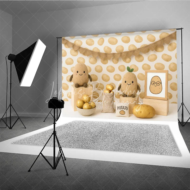Lofaris Cute Spud Potato Pattern and Plushie Photo Backdrop One Sweet Birthday Photography Background