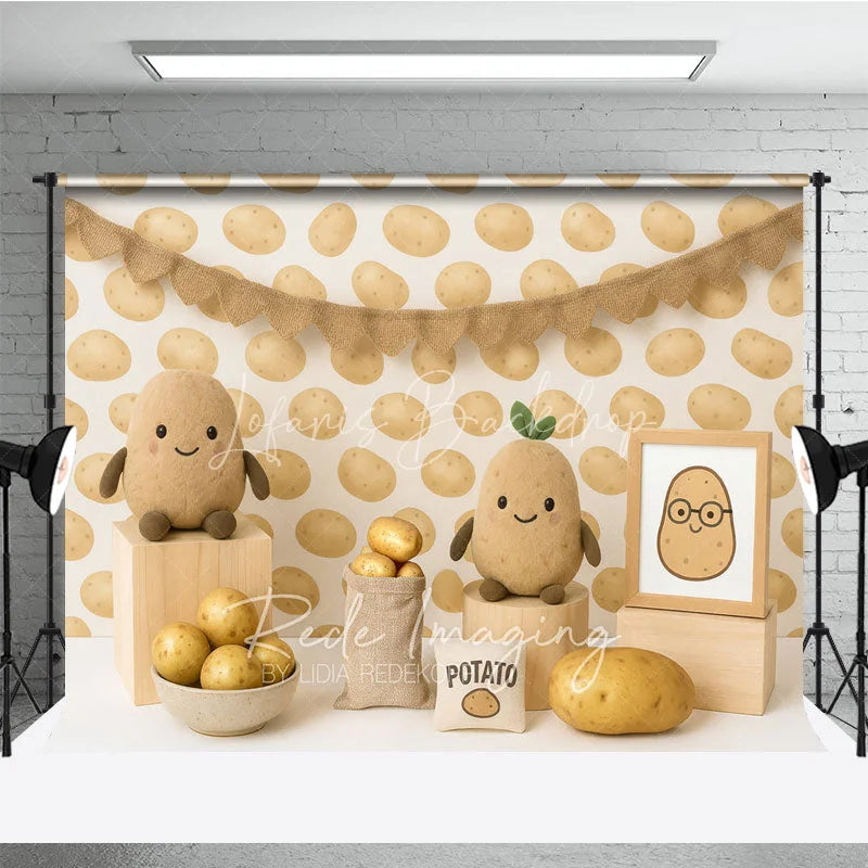 Lofaris Cute Spud Potato Pattern and Plushie Photo Backdrop One Sweet Birthday Photography Background