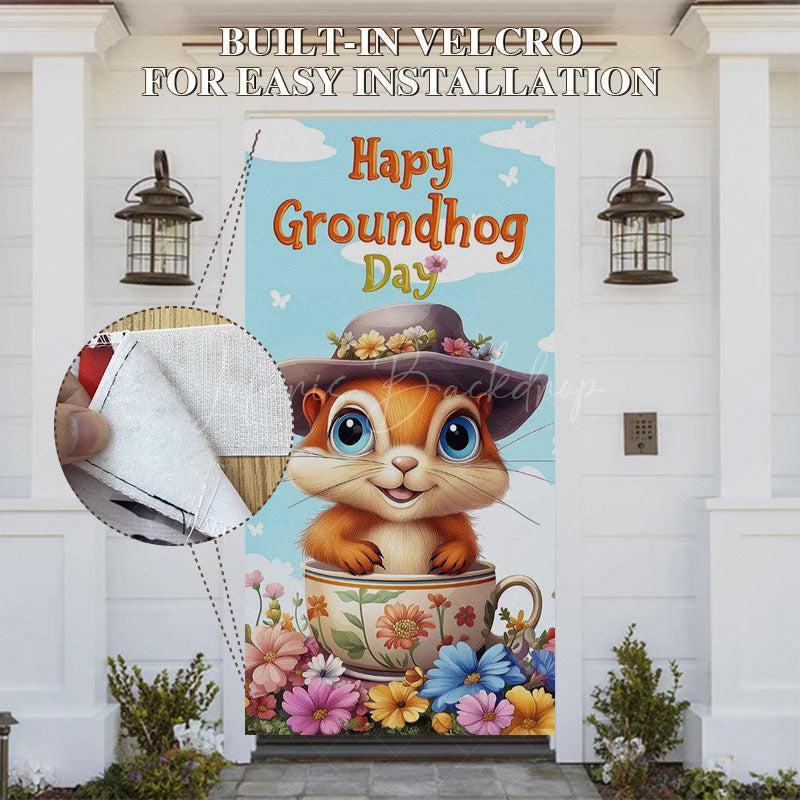 Lofaris Cute Tea Cup Floral Happy Groundhog Day Door Cover