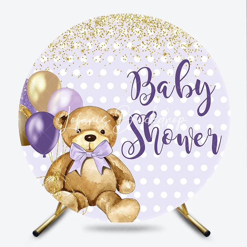 Lofaris Cute Teddy Bear Lavender Gold Glitter Baby Shower Round Backdrop Polka Dot Balloons Decor