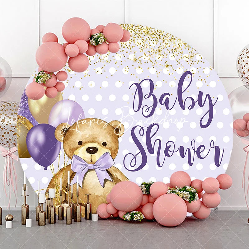 Lofaris Cute Teddy Bear Lavender Gold Glitter Baby Shower Round Backdrop Polka Dot Balloons Decor