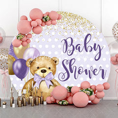 Lofaris Cute Teddy Bear Lavender Gold Glitter Baby Shower Round Backdrop Polka Dot Balloons Decor