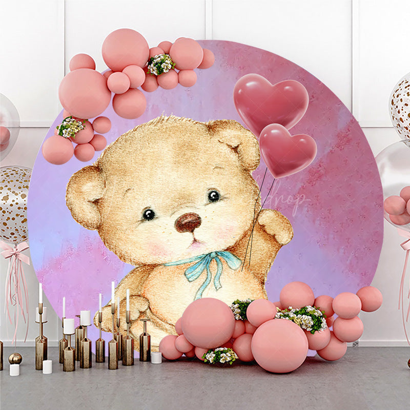 Lofaris Cute Teddy Bear with Heart Balloons Round Backdrop Pink Watercolor Background Kids Birthday or Baby Shower