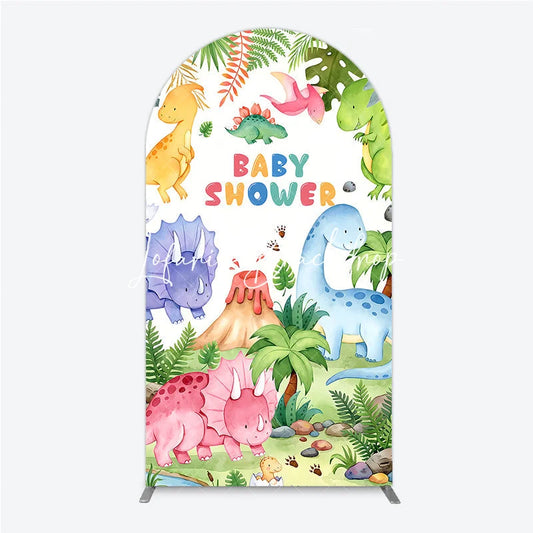 Lofaris Cute Watercolor Cartoon Dinosaur Jungle Baby Shower Round Top Arch Backdrop Prehistoric Party Decor.