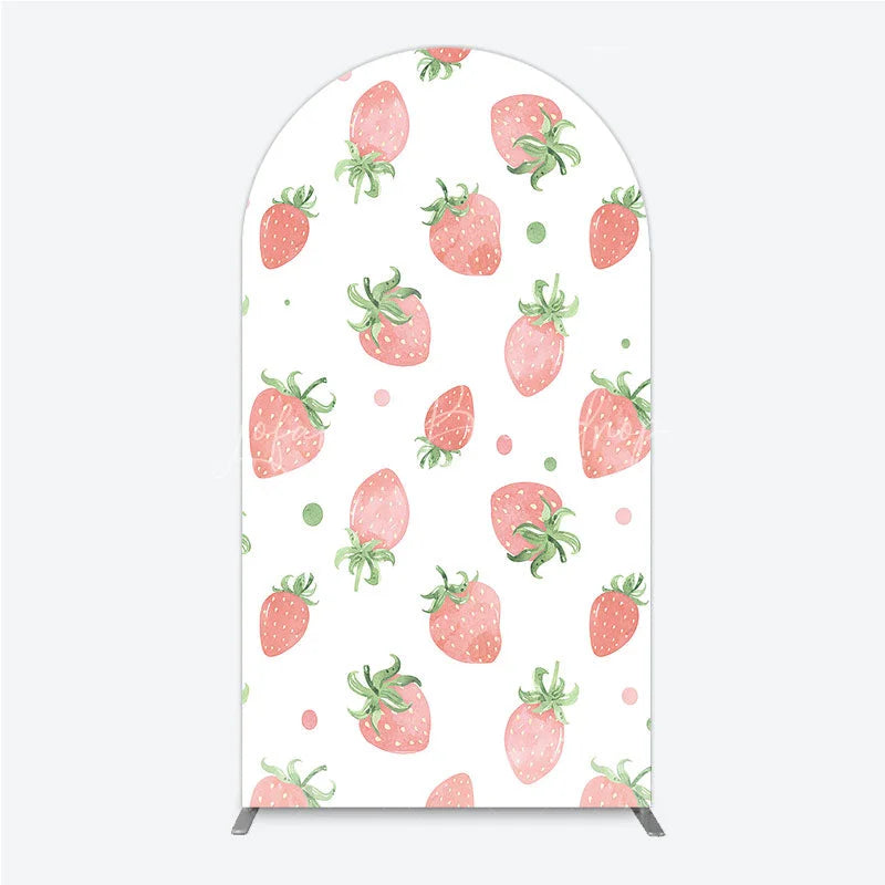 Lofaris Cute Watercolor Strawberry Pattern Round Top Arch Backdrop Pink and Green Dots for Birthday Party