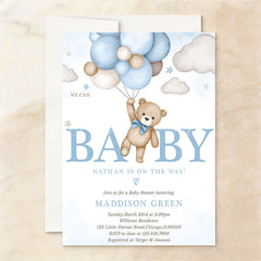 Lofaris Cute Watercolor Teddy Bear and Blue Balloon Custom Invitation Personalized Baby Shower or Birthday Party