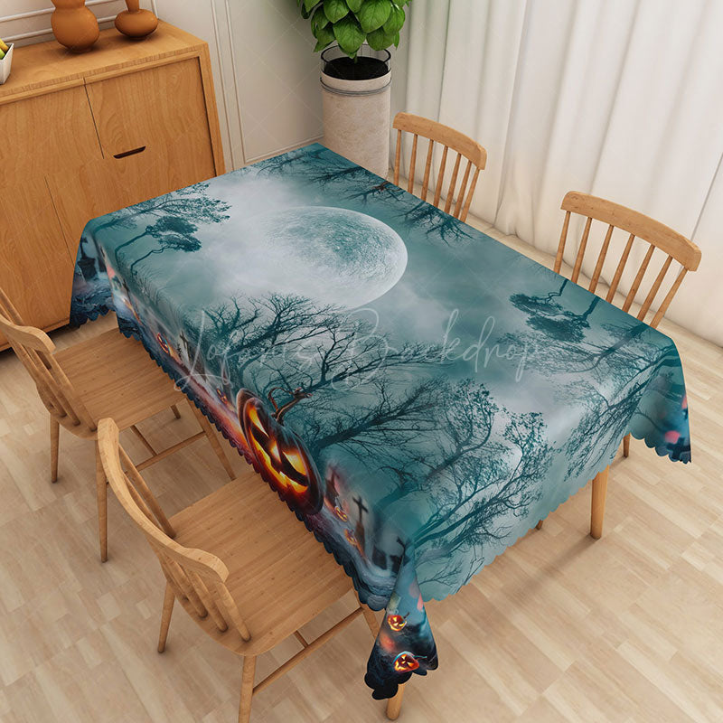 Lofaris Cyan Halloween Rectangle Tablecloth with Moon Tree and Jack O’ Lanterns for Spooky Night Scene Decor