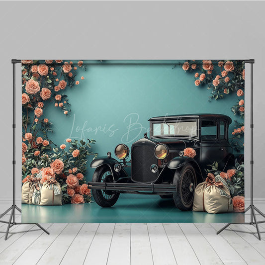 Lofaris Cyan Retro Floral Ancient Car Photography Backdrop