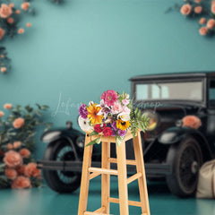 Lofaris Cyan Retro Floral Ancient Car Photography Backdrop