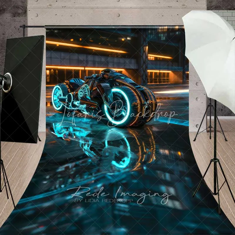 Lofaris Cyberpunk City Motorcycle Sweep Photo Backdrop Sci-Fi Neon Bike Street Background Future Tech Floor Prop