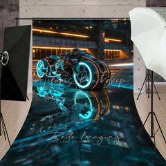 Lofaris Cyberpunk City Motorcycle Sweep Photo Backdrop Sci-Fi Neon Bike Street Background Future Tech Floor Prop