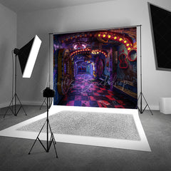 Lofaris Cyberpunk Graffiti Hallway Photography Backdrop 80s Neon Light Urban Wall for Retro Themed Photo Shoots