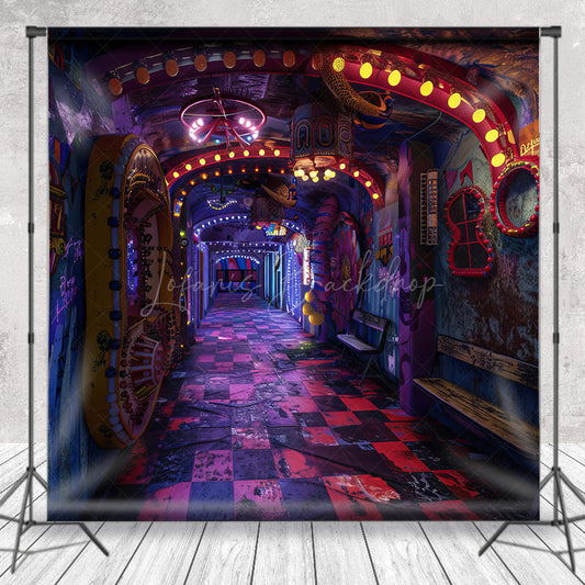 Lofaris Cyberpunk Graffiti Hallway Photography Backdrop 80s Neon Light Urban Wall for Retro Themed Photo Shoots