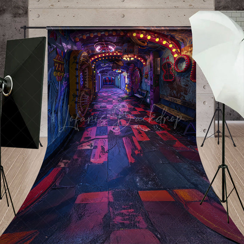 Lofaris Cyberpunk Graffiti Hallway Sweep Backdrop 80s Neon Arcade and Urban Floor Retro Party Photo Booth