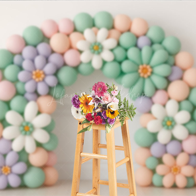 Lofaris Daisy Balloon Arch Cake Smash Backdrop Pastel Rainbow Colors with Flowers Groovy First Birthday Photo Prop