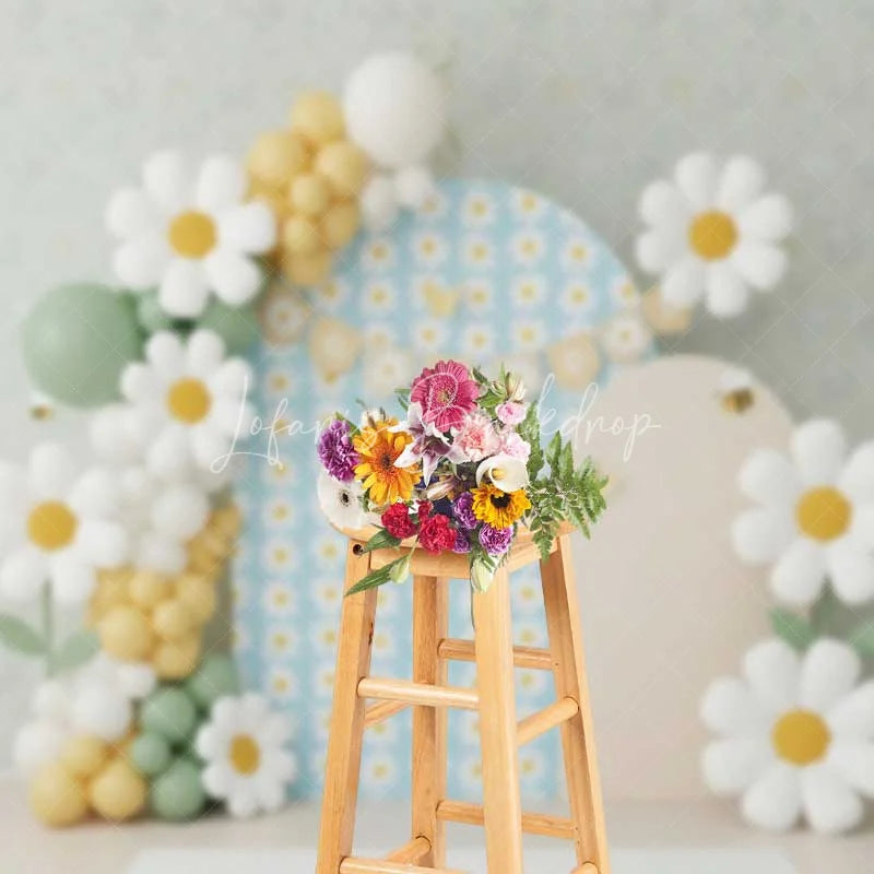 Lofaris Daisy Bee Cake Smash Backdrop Blue Floral Balloon Arch Background Boho Spring 1st Birthday Photography Studio Prop