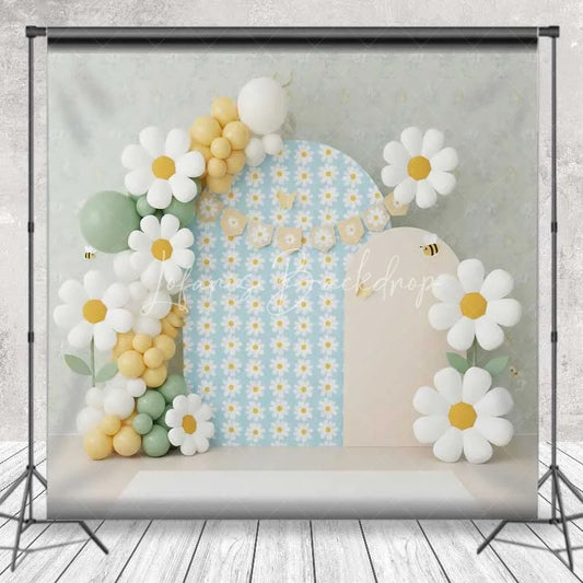 Lofaris Daisy Bee Cake Smash Backdrop Blue Floral Balloon Arch Background Boho Spring 1st Birthday Photography Studio Prop