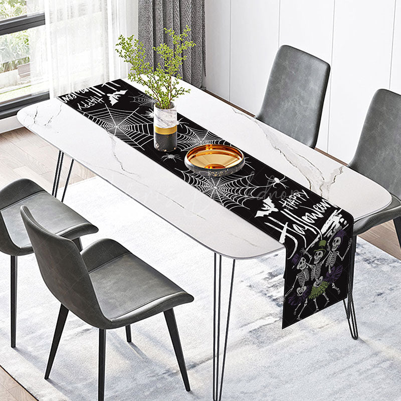 Lofaris Dancing Skeleton Table Runner with Spider Web for Funny and Spooky Halloween Party Decorations