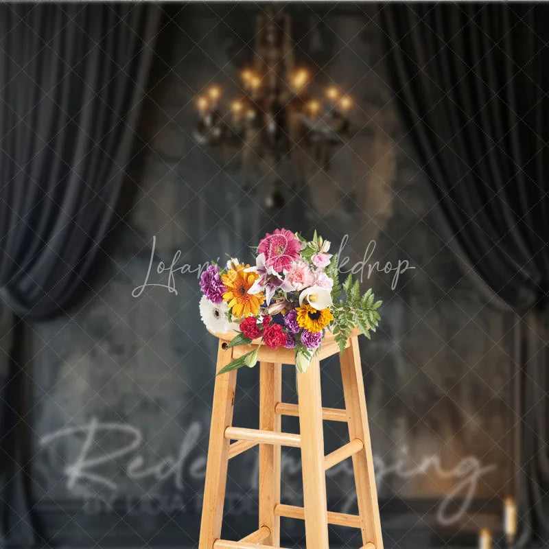 Lofaris Dark Abstract Texture Photography Backdrop Vintage Chandelier Black Curtains Studio Portrait Background