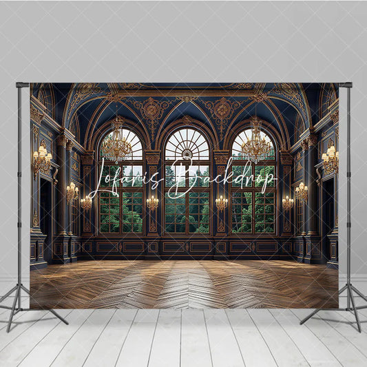 Lofaris Dark Blue and Gold Royal Palace Photography Backdrop with Arched Windows Forest View Elegant Interior Decor