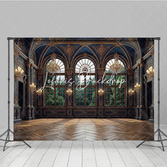 Lofaris Dark Blue and Gold Royal Palace Photography Backdrop with Arched Windows Forest View Elegant Interior Decor