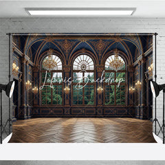 Lofaris Dark Blue and Gold Royal Palace Photography Backdrop with Arched Windows Forest View Elegant Interior Decor