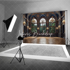 Lofaris Dark Blue and Gold Royal Palace Photography Backdrop with Arched Windows Forest View Elegant Interior Decor