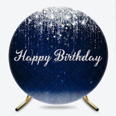 Lofaris Dark Blue and Silver Glitter Happy Birthday Round Backdrop Elegant Sparkling Celebration Party Decor for Photography