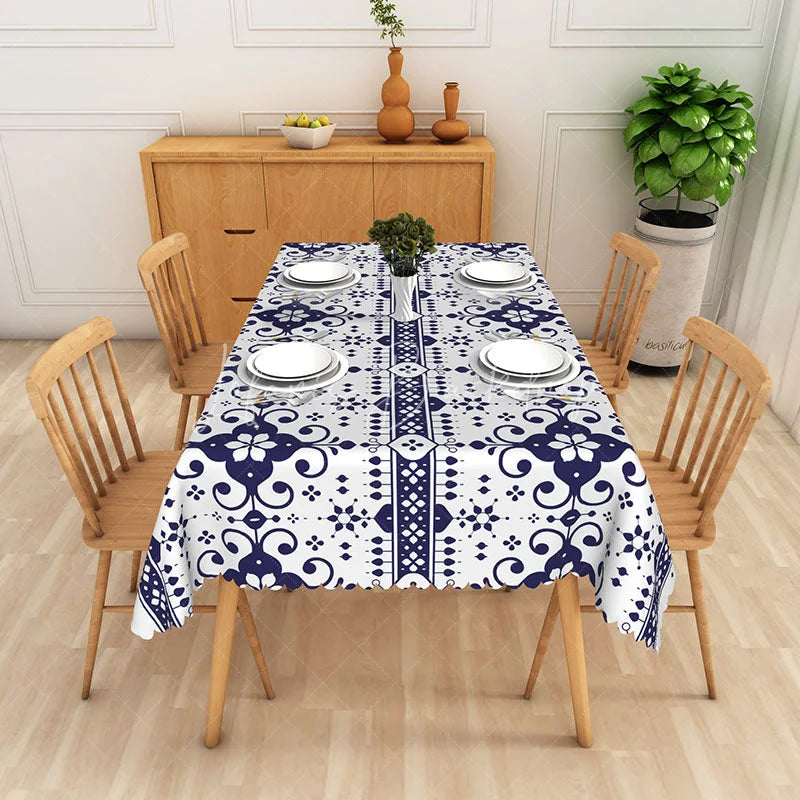 Lofaris Dark Blue and White Floral Geometric Pattern Rectangle Tablecloth Elegant Dining Kitchen Party Decor