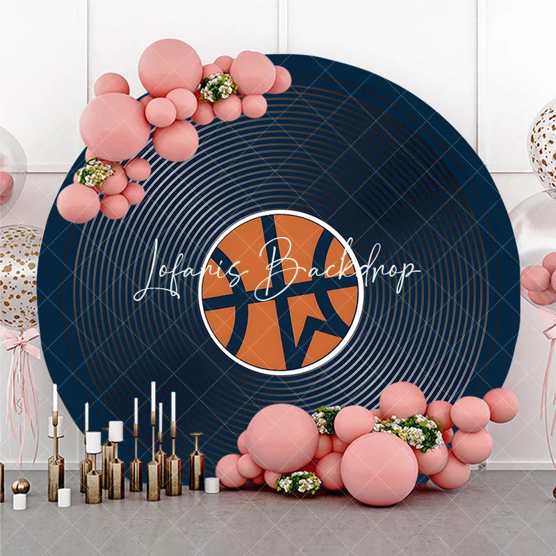 Lofaris Dark Blue Basketball Theme Round Backdrop featuring an Orange Ball and Concentric Circles for Sports Party