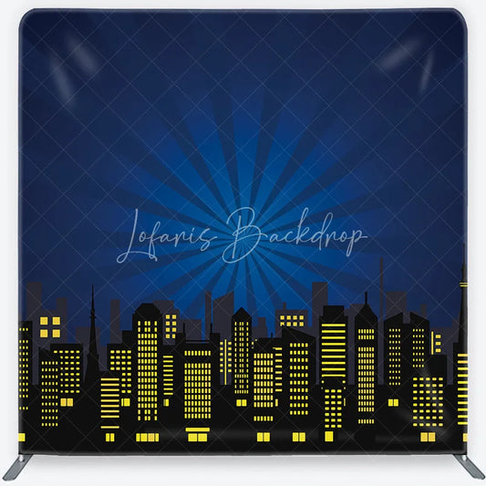 Lofaris Dark Blue City Skyline Square Double-Sided Backdrop with Yellow Illuminated Windows Superhero Theme Party Decor